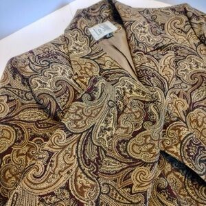 Vtg Le Suit Paisley Jacquard Long Blazer Black Dark Academia Longline Womens 14